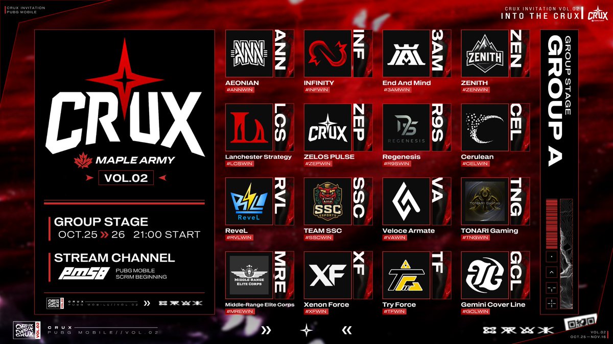 CRUX_MA's tweet image. \\💥Vol.02 GS TEAM LINEUP💥//

10月25日(土)-26日(日)に行われる、GROUP STAGEに出場する32チームを公開🔥

各チームへの応援をお願いします‼️

◇配信チャンネル◇
@_PMSB_
youtube.com/@_PMSB_ 

#CRUX_MA #PUBGMOBILE