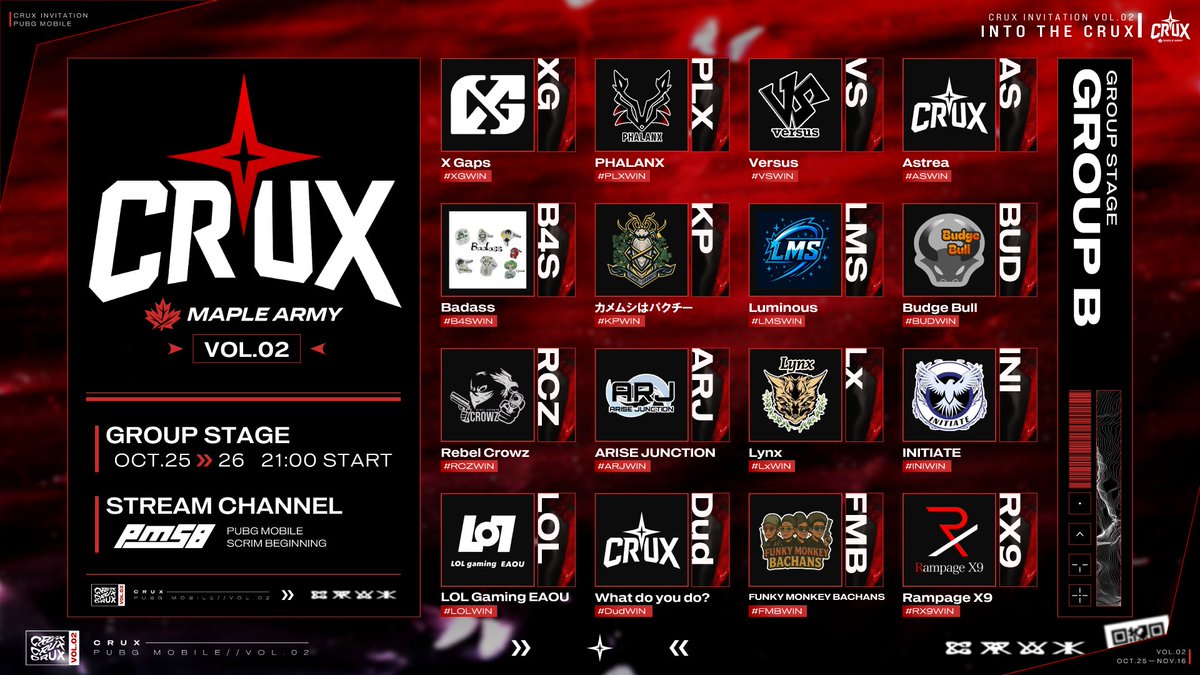 CRUX_MA's tweet image. \\💥Vol.02 GS TEAM LINEUP💥//

10月25日(土)-26日(日)に行われる、GROUP STAGEに出場する32チームを公開🔥

各チームへの応援をお願いします‼️

◇配信チャンネル◇
@_PMSB_
youtube.com/@_PMSB_ 

#CRUX_MA #PUBGMOBILE