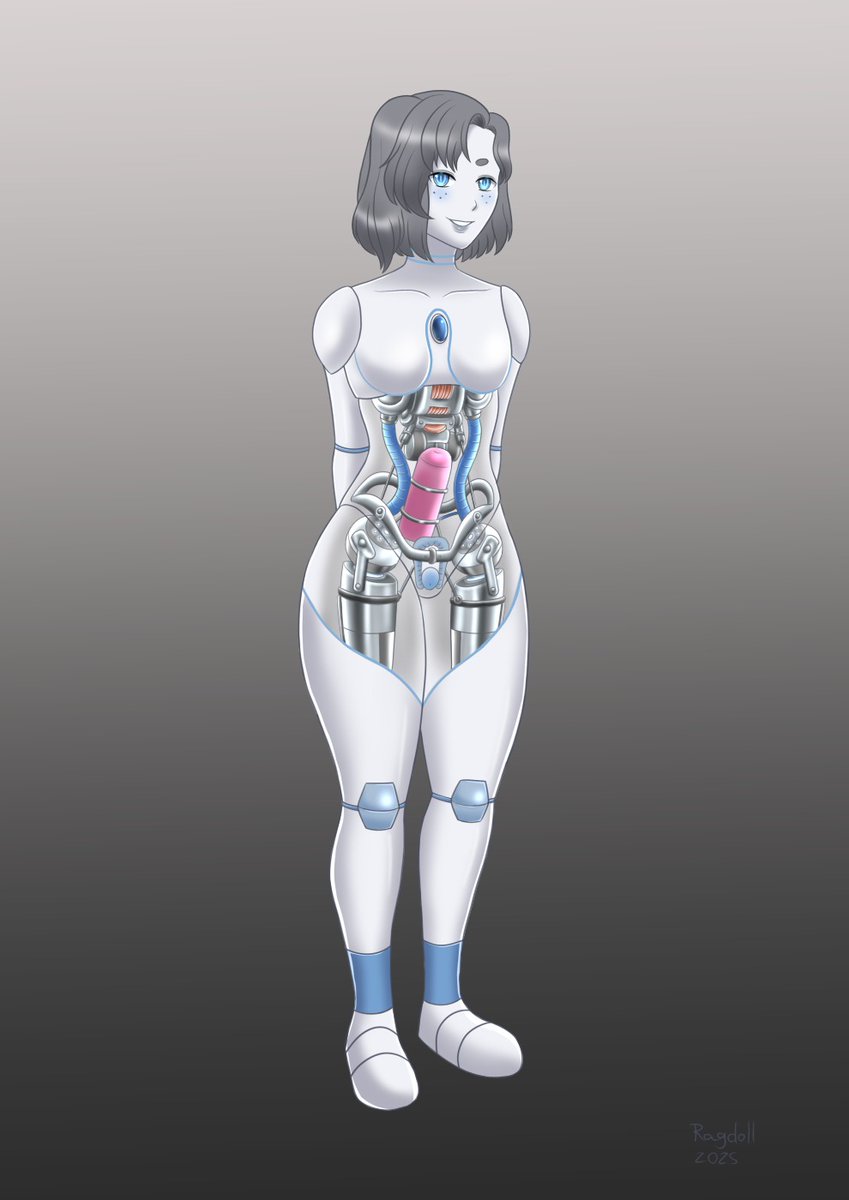 Commission of a femboy android showing his internal parts. Not my OC.