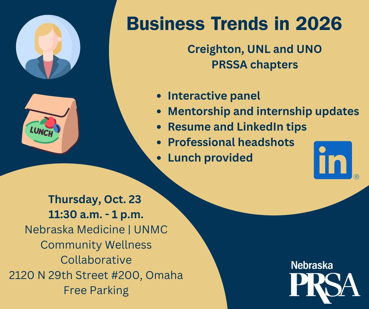 🚀 Get ahead of the curve: join us Oct 23 for Business Trends in 2026 — interactive panel, mentoring, resume &amp; LinkedIn tips + free headshots! 📷
🗓️11:30 a.m.–1 p.m. • Omaha, NE 
Register now: prsanebraska.starchapter.com/meetinginfo.ph…
#PRSAne #PRSSA #CareerGrowth