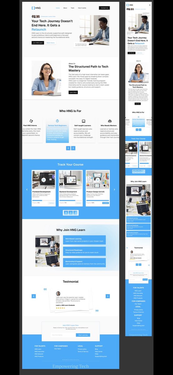 Mharceey's tweet image. I just completed a landing page design for the HNG Internship program .
Introducing HNG LEARN

AIM: Create a user centered and easily accessible landing page for interns who dropped out during the program or beginners in tech.

#HNG #hnglearn