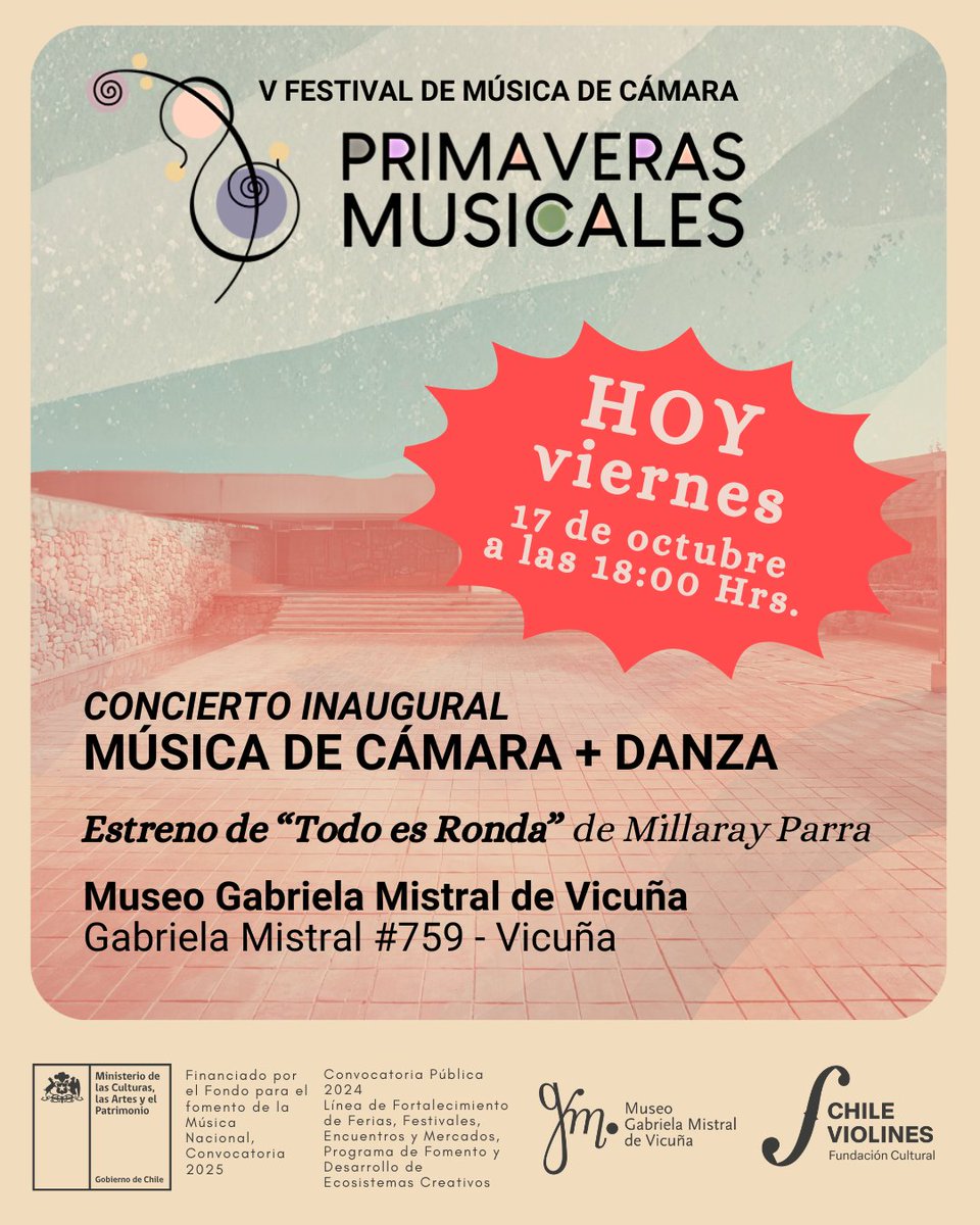 Hoy viernes 17 de octubre, a las 18:00 horas, el Museo Gabriela Mistral de Vicuña será escenario del concierto inaugural del V Festival de Música de Cámara Primaveras Musicales, organizado por Fundación Chile Violines.