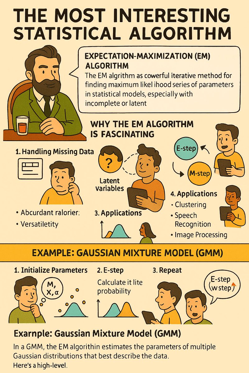 LetIt_BNoted's tweet image. *** The Most Interesting Statistical Algorithm *** 

[The EM Algorithm: a masterful juggler of hidden truths and incomplete data, dancing between expectation and maximization.]

~ The most interesting statistical algorithm can vary depending on who you ask and their specific…
