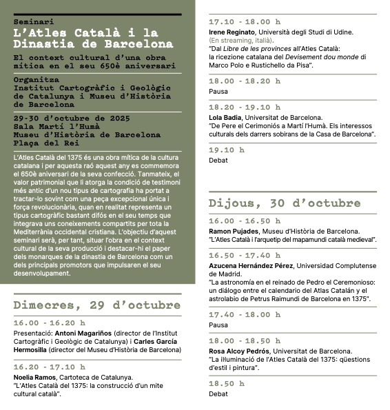29-30/10, #MUHBA &amp; #ICGC: Seminari "L’Atles Català i la dinastia de Barcelona. El context cultural d’una obra mítica en el seu 650 aniversari".
#AtlesCatalà 
ajuntament.barcelona.cat/jovesbarcelona…