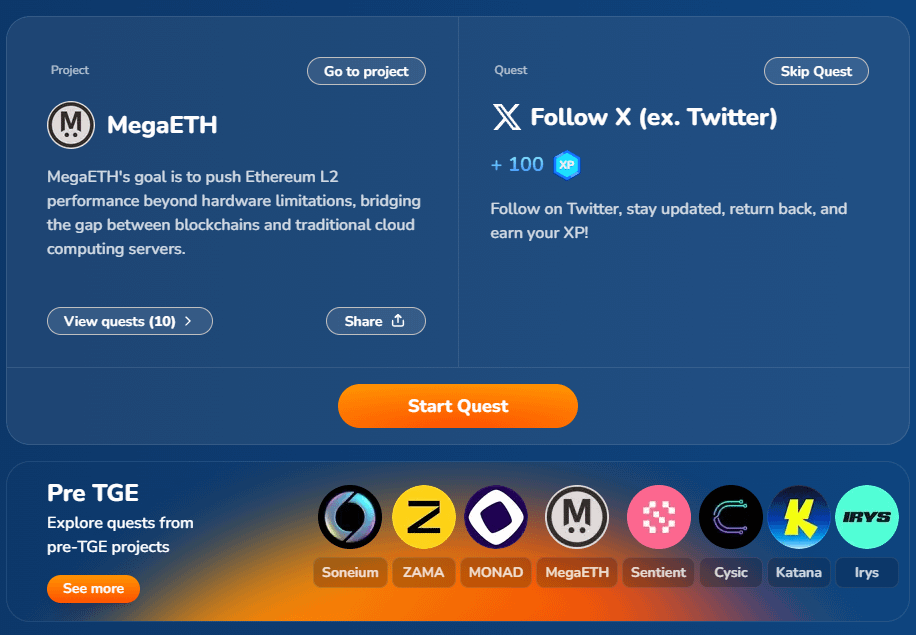 MegaETH is one of the most promising Pre-TGE projects.

If you are not yet familiar with it, now is the time to remedy that.

qstme.io/quest/MegaETH

9 simple quests will introduce you to the project and, of course, GEM as an on-chain reward after completing the tasks.