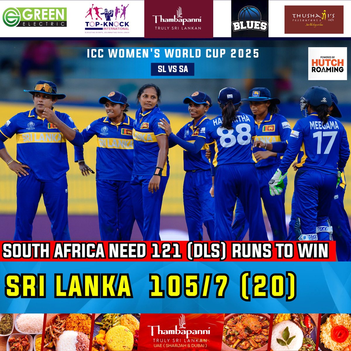 DanuskaAravinda's tweet photo. South Africa need 121 ( DLS ) runs to win 

#sportspavilionlk #SLvsSA #CWC25 https://t.co/YV7Uz6YXUJ
