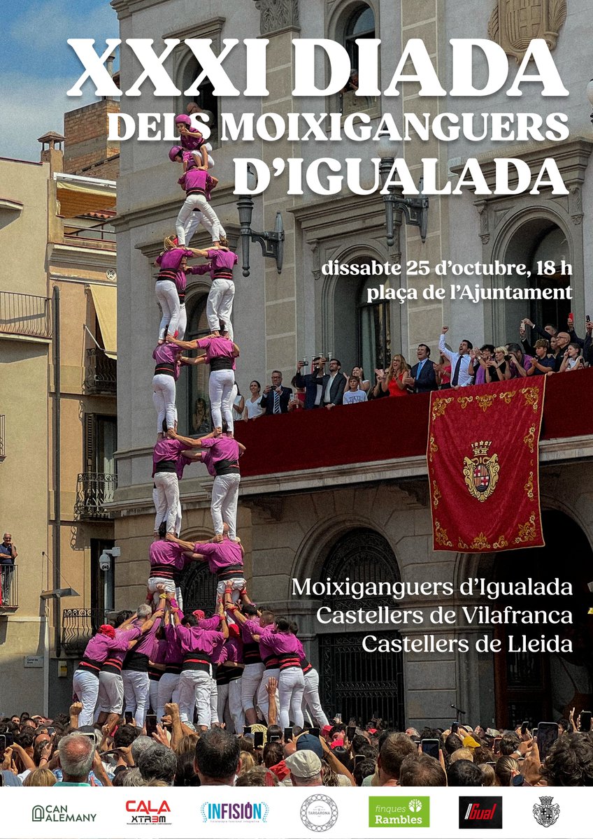 Igualada, la setmana que ve tenim l'última cita a casa. Una diada de màxims, per ser-hi tots, per gaudir dels millors castells.

XXXI Diada dels Moixiganguers
📆 25 d'octubre a les 18h
📍 Plaça de l'Ajuntament
👥 Amb <a href="/Verds/">Castellers de Vilafranca</a> i <a href="/CdLleida/">Castellers de Lleida</a> 

#castells #comencemdenou