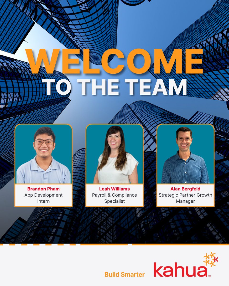 KahuaInc's tweet image. Big news this week! Three talented professionals have joined the Kahua family! 

We're excited to welcome Leah Williams, Brandon Pham and Alan Bergfeld, whose skills and perspectives are already adding tremendous value. We are so grateful to have you on board! #NewHire #KahuaLife