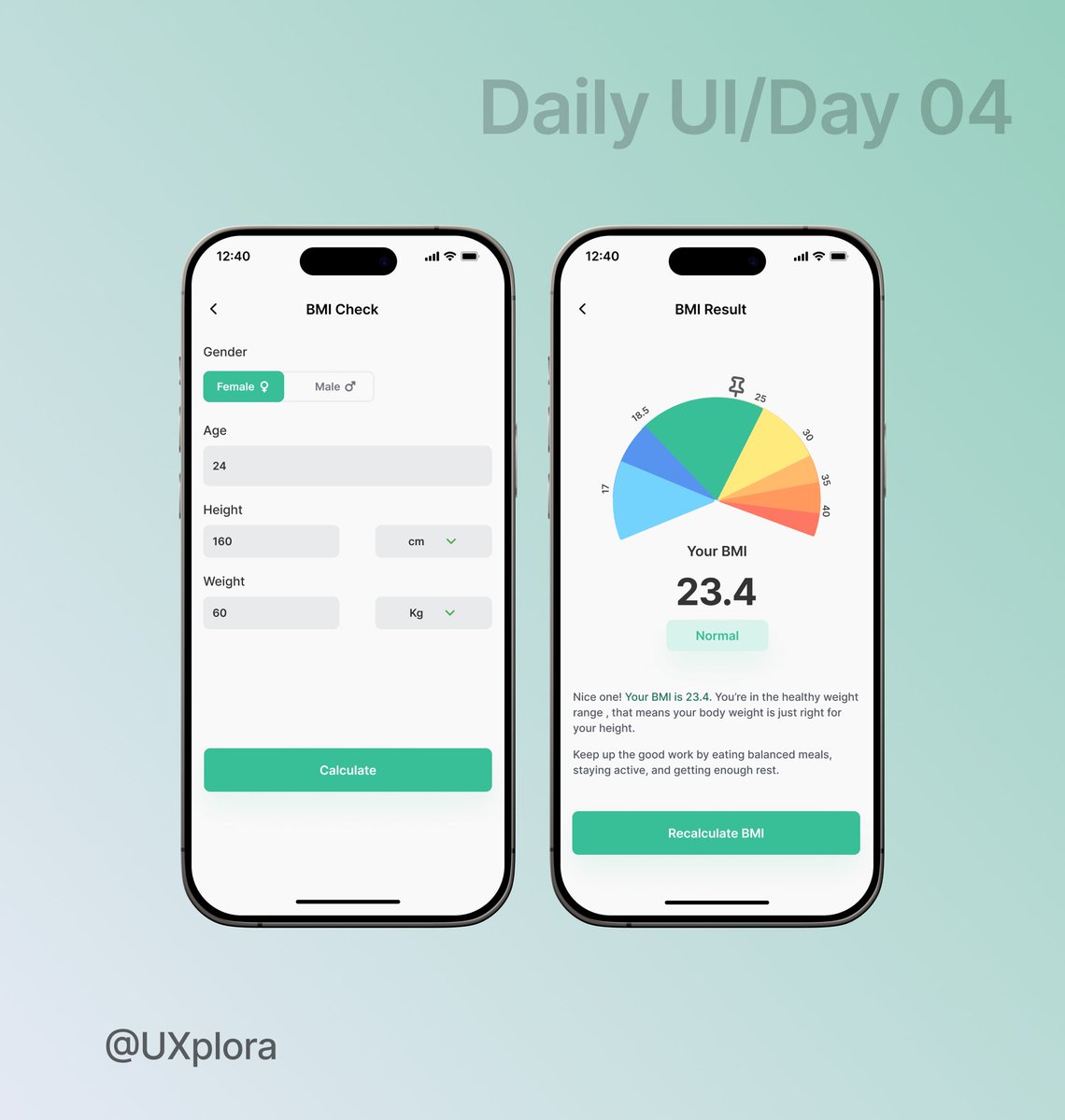 Ogochuwku_OA's tweet image. While designing a simple calculator for day 4 of my design challenge, i decided to experiment with this Mini BMI calculator UI.

#UIUXDesign #100daysofui