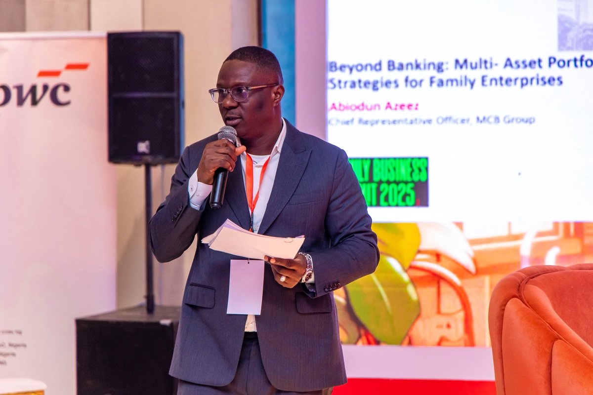 MFMBofficial1's tweet photo. Abiodun Azeez, Country Representative of Mauritius Commercial Bank, delivering the sponsor keynote on “Beyond Banking: Multi-Asset Portfolio Strategies for Family Enterprises.”

#FamilyBusinessSummit https://t.co/7ObfHQXyng