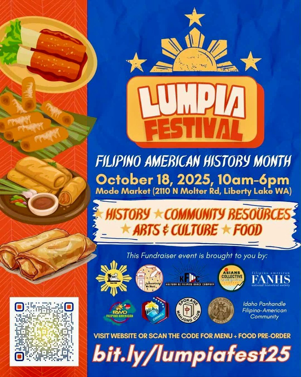 Lumpia Festival 2025 is coming to Liberty Lake! 🇵🇭

🗓 October 18, 2025 | 10am–6pm
📍 Mode Market — 2110 N Molter Rd, Liberty Lake, WA

It’s not just lumpia this year… they are serving several different Filipino foods.