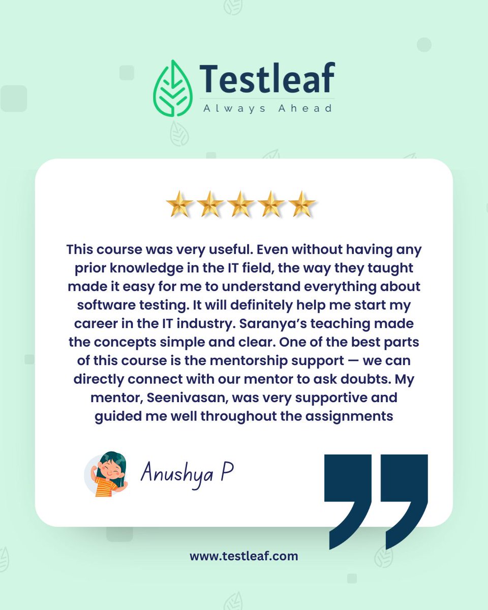 Testleaf1's tweet image. What's Testleaf all about? You don't have to take our word for it!
Take a look at what our students have to say.
Feedback and testimonials speak volumes about our services and training.
#testleaf #studentsuccess #seleniumtraining #javalearning #automationtesting #techskills