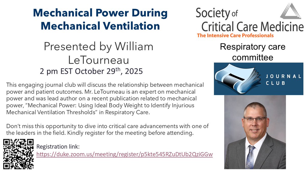 MikaRRT's tweet image. Learn more about ideal body weight &amp;amp; mechanical ventilation thresholds. #MechanicalPower. Join the next
@SCCM Respiratory Care Committee&apos;s #JournalClub w/ William LeTourneau, RT.

Register: QR code or click: duke.zoom.us/meeting/regist…. Article here: liebertpub.com/doi/10.1089/re…