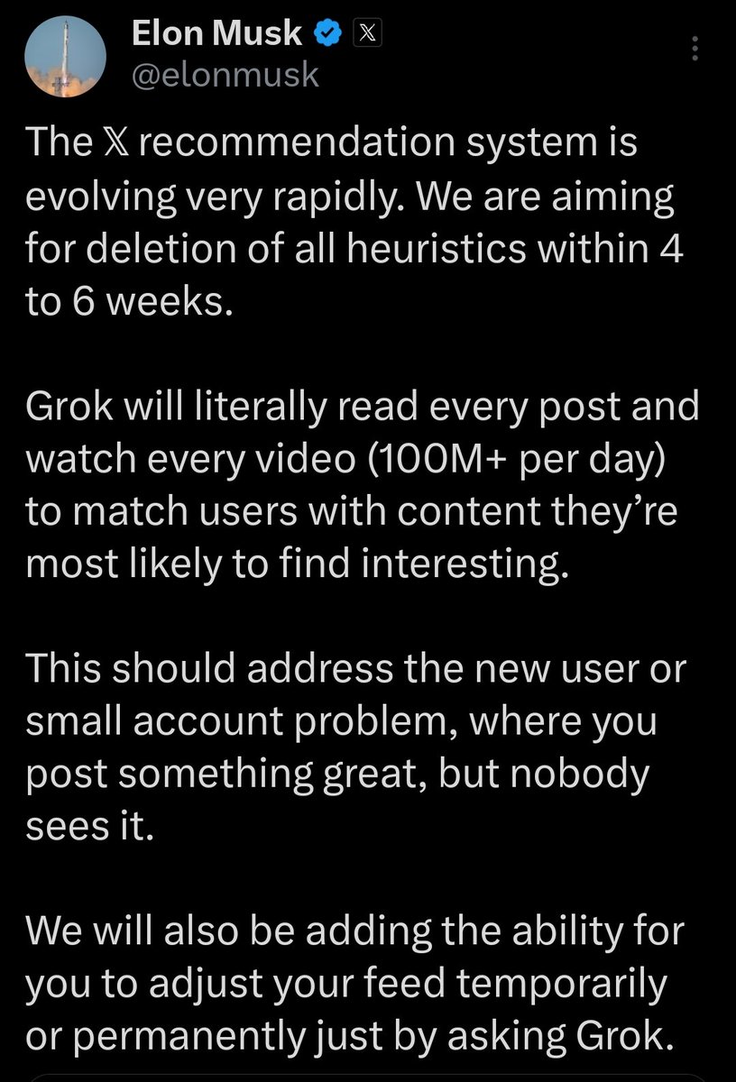 MarcosAgus_'s tweet image. 1/3 ⚡
Elon just confirmed the future of X:
No more algorithms guessing — Grok will understand.
Every post, every video, every word — read, watched, and ranked by intelligence itself. 🧠
#AI #XAlgorithm