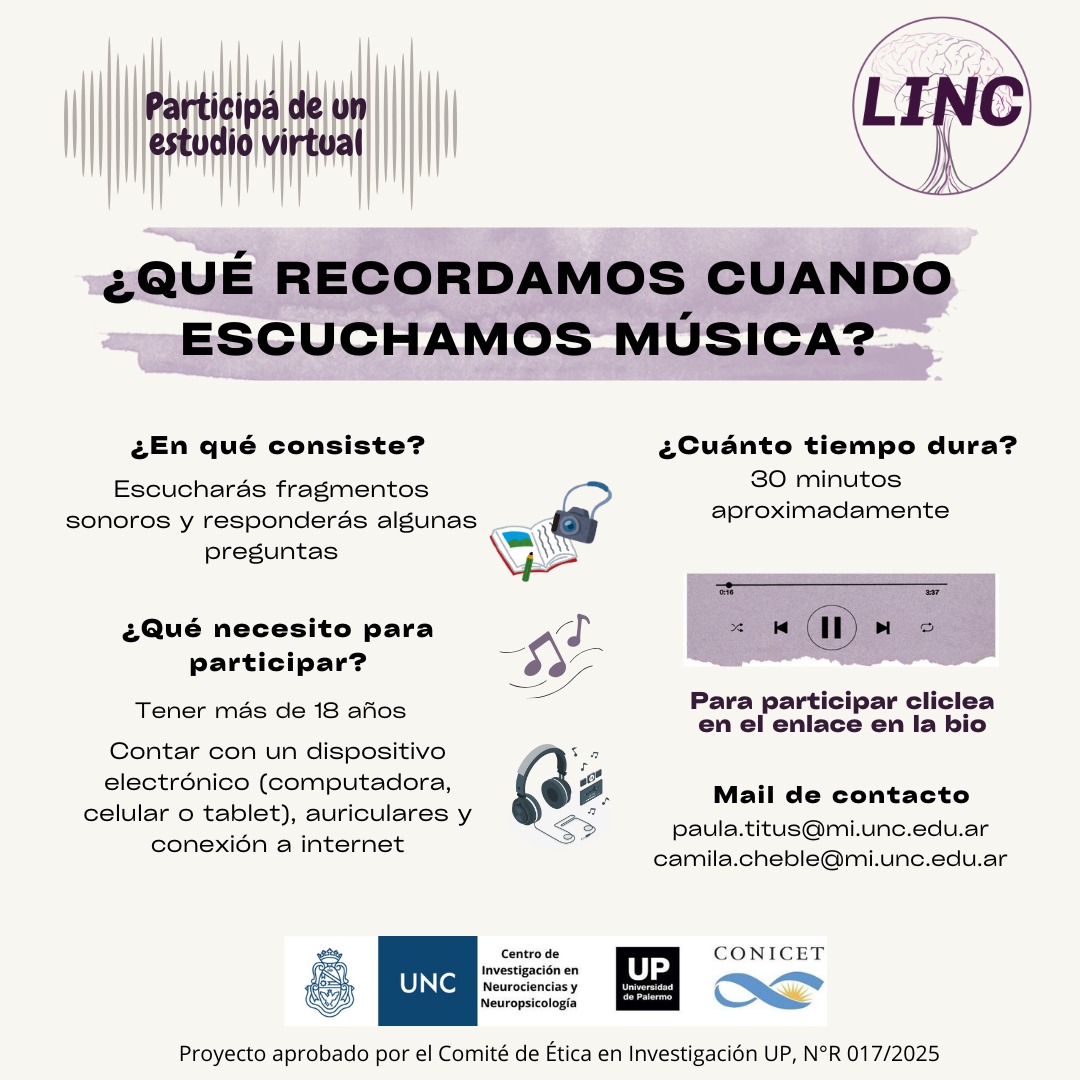 LINC_CONICET's tweet photo. 🎶¿Escuchar música te trae recuerdos de momentos específicos de la vida? 🎧🎥

Participá en esta investigación y ayudanos a saber más sobre cómo ocurre esto 🙌

👉 Se trata de un estudio virtual y anónimo que consiste en escuchar fragmentos sonoros y responder preguntas ✍🏻 https://t.co/ysVmJDAbfq