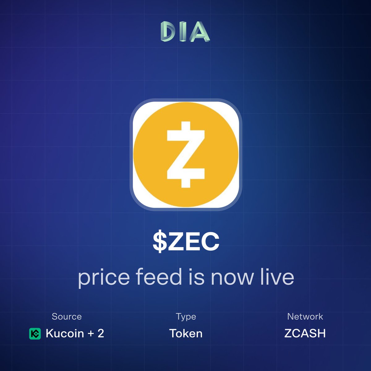 $ZEC/USD feed now available through DIA oracles.

<a href="/Zcash/">Zcash 🛡️</a> is a privacy-focused cryptocurrency using ZK proofs to enable shielded transactions while maintaining blockchain transparency.

Verifiable data, production-ready for DeFi protocols.

Feed: diadata.org/app/price/asse…