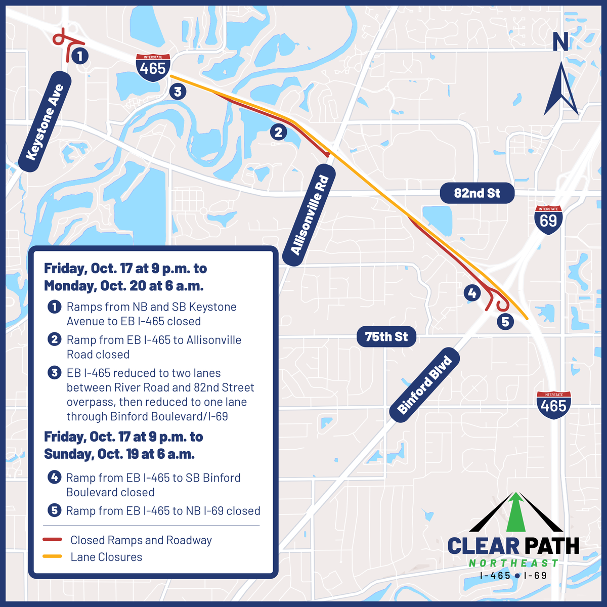 ⚠️ 🚨 Significant lane and ramp closures are scheduled this weekend on EB I-465 to direct drivers to new pavement on the Clear Path 465 project in northeast Indy. 

Learn More: bit.ly/48uURKh