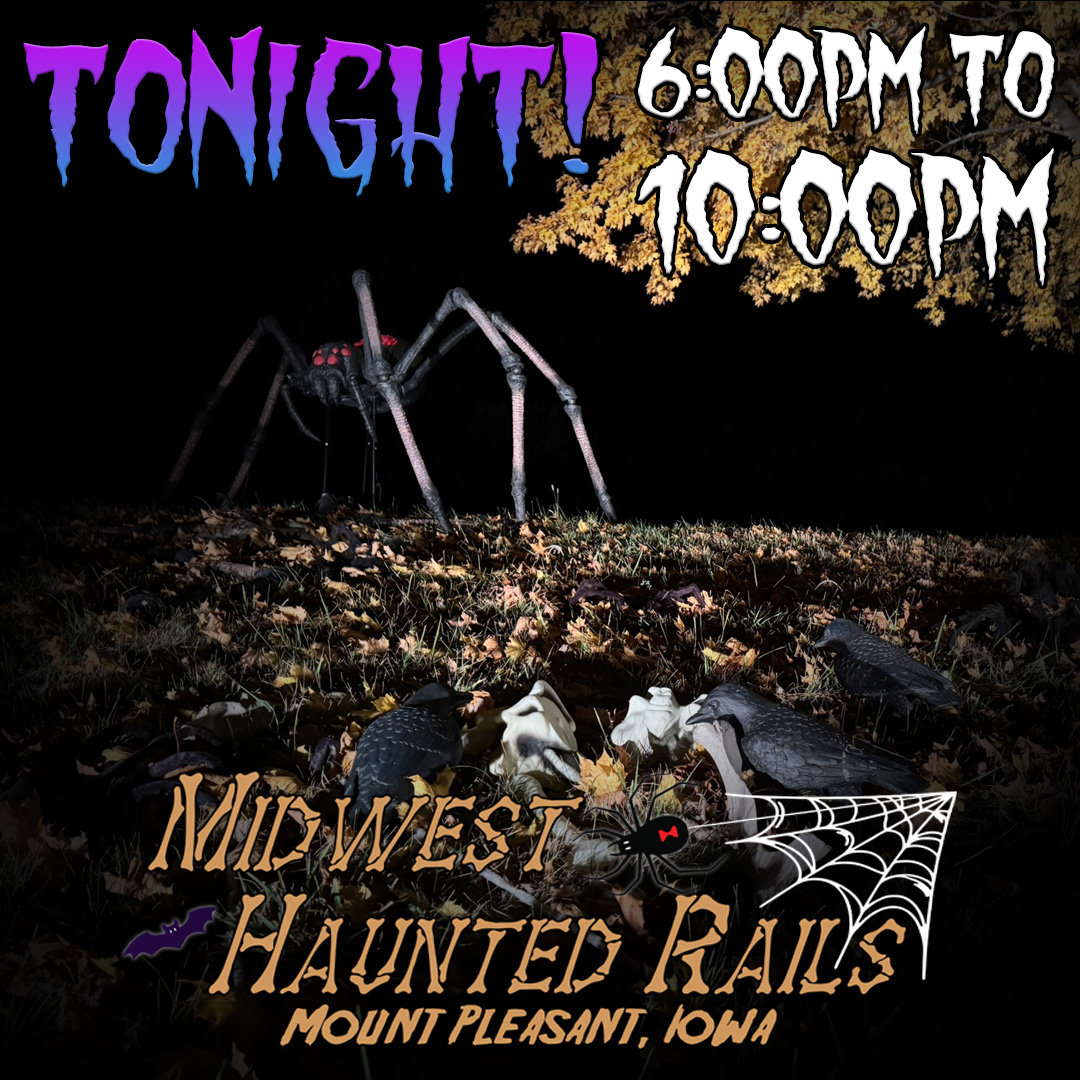 🕷️ The Giant Spider awakens tonight! Visit Midwest Haunted Rails, open from 6:00 PM to 10:00 PM! 🎟️ $20 wristbands for unlimited rides, kids 4 &amp; under free. Wristbands sold until 9:30 PM—don’t get caught in the web! 🔗 Learn more: midwesthauntedrails.com
