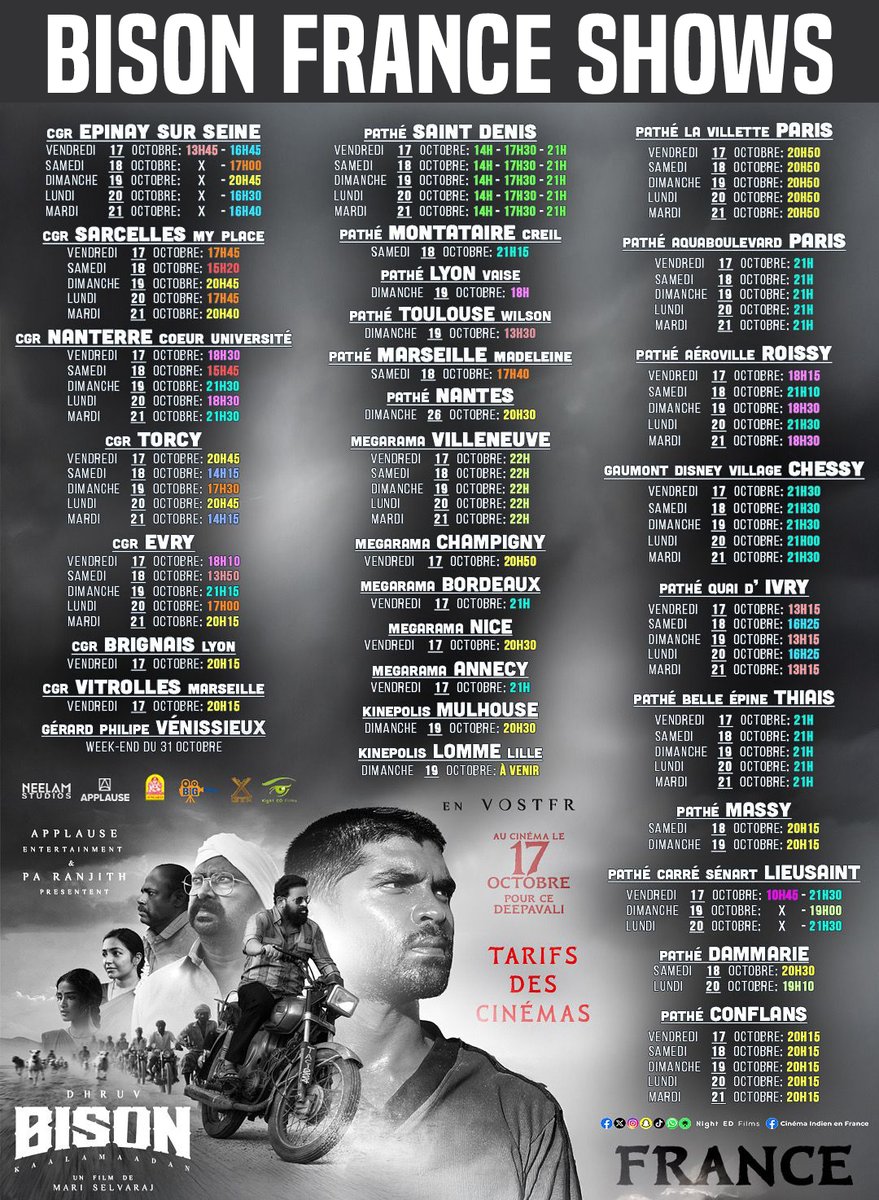 Ayngaran_offl's tweet photo. #BisonKaalamaadan 🦬 Now Running Successfully Check  (Europe) #Germany #France  #Norway #denmark #swiss cinemas List. Book your tickets Now.
#BisonKaalamaadan Happy Diwali 🎇 🪔 🎉

@mari_selvaraj @uie_offl @Mdanees_3 #XgenStudio @Ayngaran_offl @applausesocial @NeelamStudios_ @nairsameer @deepaksegal @beemji @Tisaditi #DhruvVikram @anupamahere @LalDirector @PasupathyMasi #AmeerSultan @Ezhil_DOP @editorsakthi @Kumar_Gangappan @nivaskprasanna @iamSandy_Off @dhilipaction @valentino_suren @rajisha_vijayan @anupamahere @aegan_ekambaram @aruvimadhan @alaganperumal @hariharalorven @kabilanchelliah @thinkmusicindia @karan_ayngaran