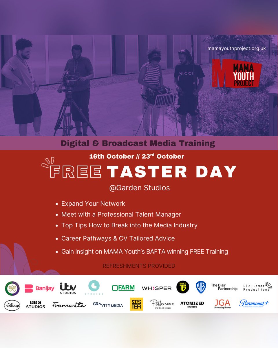 🎬 What a day!

Yesterday’s FREE Taster Day at MAMA Youth Project was an incredible success.

😱 Missed it? Don’t worry.
We’re running another FREE Taster Day next Thursday, 23rd October @ Garden Studios and you won’t want to miss this one! : eventbrite.co.uk/e/tv-digital-m…