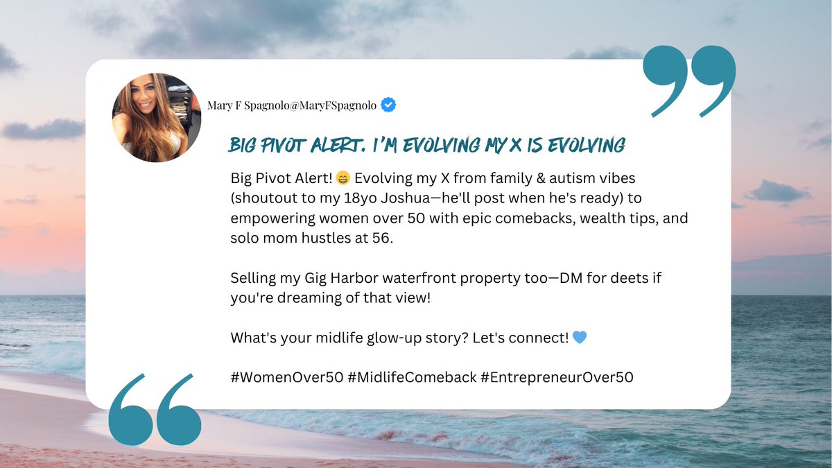 Big Pivot Alert! 😁 Evolving my X from family &amp; autism vibes (shoutout to Joshua) to empowering women over 50 with epic comebacks, wealth tips, and solo mom hustles at 56. And selling my GH waterfront property -DM for deets. Let's connect 💙
#WomenOver50 #rebuild #MidlifeComeback