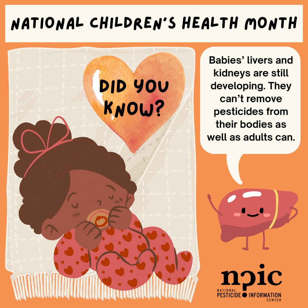 #Kids’ bodies are still developing their defenses against pesticides. This #NationalChildrensHealthMonth, consider using #IntegratedPestManagement to reduce the need for #pesticides at home.

Learn more: npic.orst.edu/pest/homeipm.h…

Call 1-800-858-7378 M-F 8AM-12PM PT