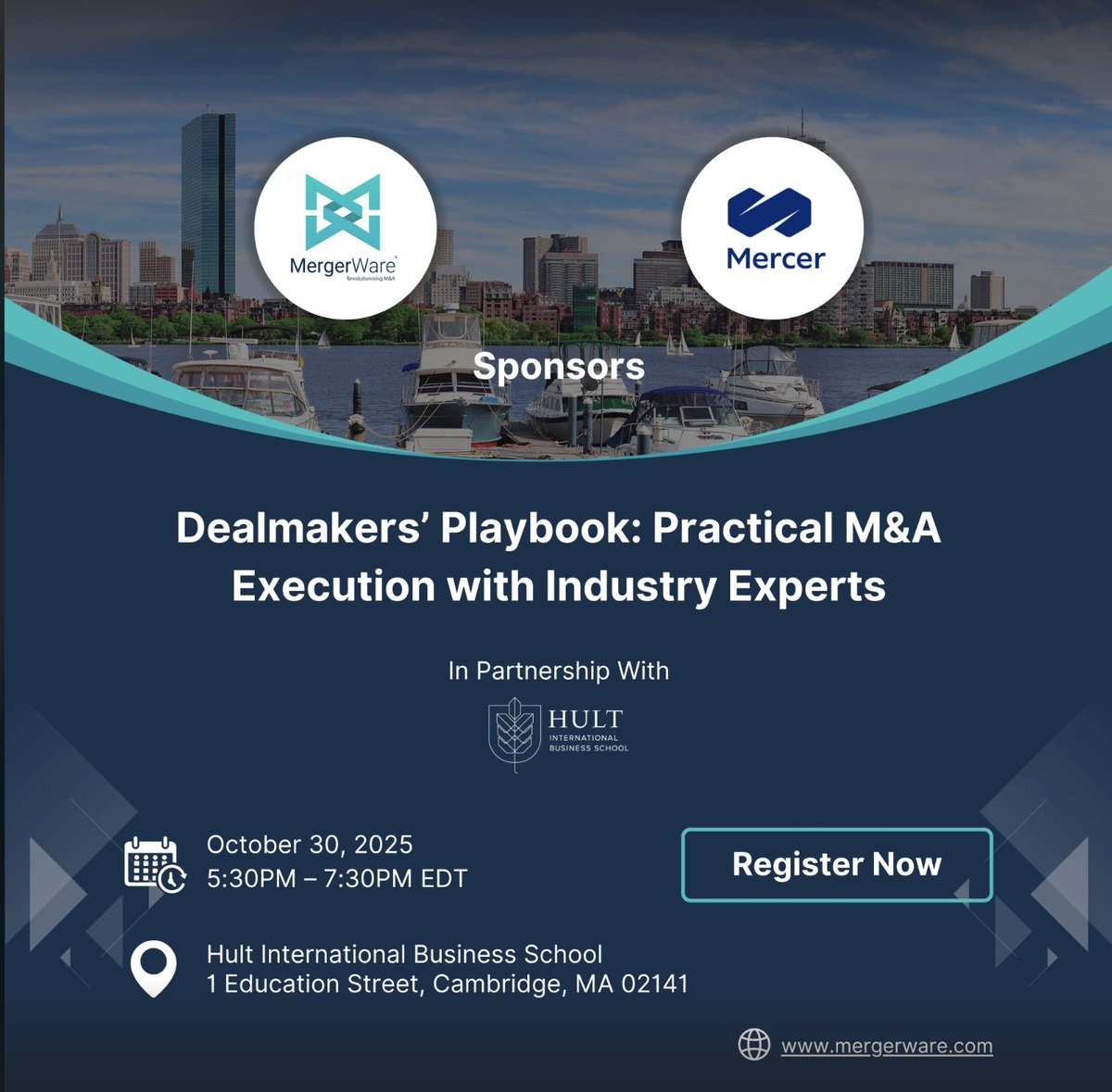 MergerWare's tweet photo. @MergerWare , in partnership with @mercer  and @Hult_Business  International Business School, is thrilled to host a high-impact M&amp;A event:

🎯 Dealmakers’ Playbook: Practical M&amp;A Execution with Industry Experts

 Register here :https://t.co/ZcRODBW9gG https://t.co/2xEQzBRLUU
