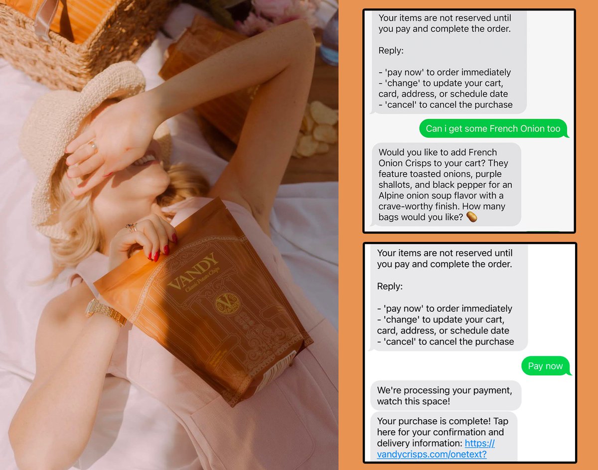 working with all of the based snacks brands at <a href="/OneText/">OneText</a> 🥔

was going to checkout with just BBQ, then I remembered seeing the newest Vandy Crisps flavor French Onion. asked about it and our AI added it to my order for me (there is always a human in the loop as well)

the