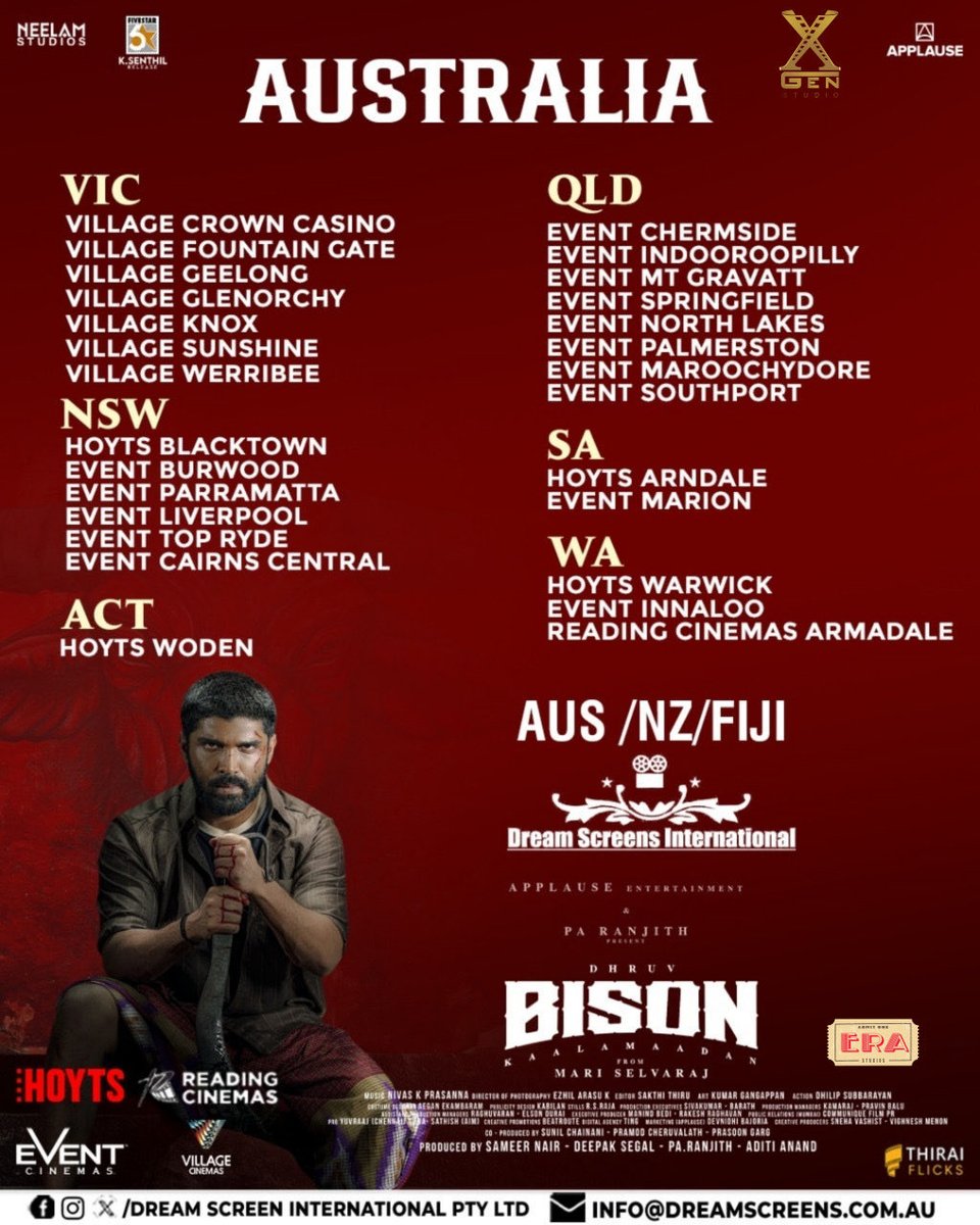 Ayngaran_offl's tweet photo. #BisonKaalamaadan 🦬 Now Running Successfully Check  #Malaysia #Singapore #SriLanka #Australia   Theatre List. Book your tickets Now.  #BisonKaalamaadan Happy Diwali 🎇 🪔

@GoldenCinemaGCC @mari_selvaraj @uie_offl @Mdanees_3 #XgenStudio @Ayngaran_offl @applausesocial @NeelamStudios_ @nairsameer @deepaksegal @beemji @Tisaditi #DhruvVikram @anupamahere @LalDirector @PasupathyMasi #AmeerSultan @Ezhil_DOP @editorsakthi @Kumar_Gangappan @nivaskprasanna @iamSandy_Off @dhilipaction @valentino_suren @rajisha_vijayan @anupamahere @aegan_ekambaram @aruvimadhan @alaganperumal @hariharalorven @kabilanchelliah @thinkmusicindia @karan_ayngaran