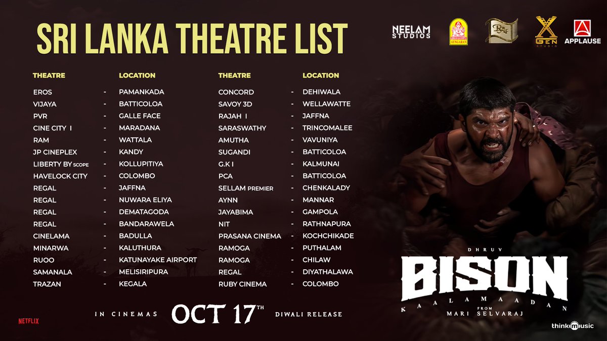 Ayngaran_offl's tweet photo. #BisonKaalamaadan 🦬 Now Running Successfully Check  #Malaysia #Singapore #SriLanka #Australia   Theatre List. Book your tickets Now.  #BisonKaalamaadan Happy Diwali 🎇 🪔

@GoldenCinemaGCC @mari_selvaraj @uie_offl @Mdanees_3 #XgenStudio @Ayngaran_offl @applausesocial @NeelamStudios_ @nairsameer @deepaksegal @beemji @Tisaditi #DhruvVikram @anupamahere @LalDirector @PasupathyMasi #AmeerSultan @Ezhil_DOP @editorsakthi @Kumar_Gangappan @nivaskprasanna @iamSandy_Off @dhilipaction @valentino_suren @rajisha_vijayan @anupamahere @aegan_ekambaram @aruvimadhan @alaganperumal @hariharalorven @kabilanchelliah @thinkmusicindia @karan_ayngaran