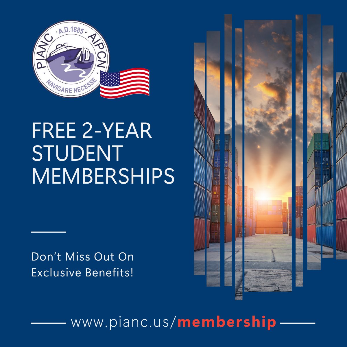 PIANCUSA's tweet photo. PIANC USA is now offering FREE student membership — a new opportunity to connect, learn, and grow within the international community focused on ports, waterways, and coastal infrastructure. 

Join Today: https://t.co/bNGNB80Jzp https://t.co/C81YEcsk58