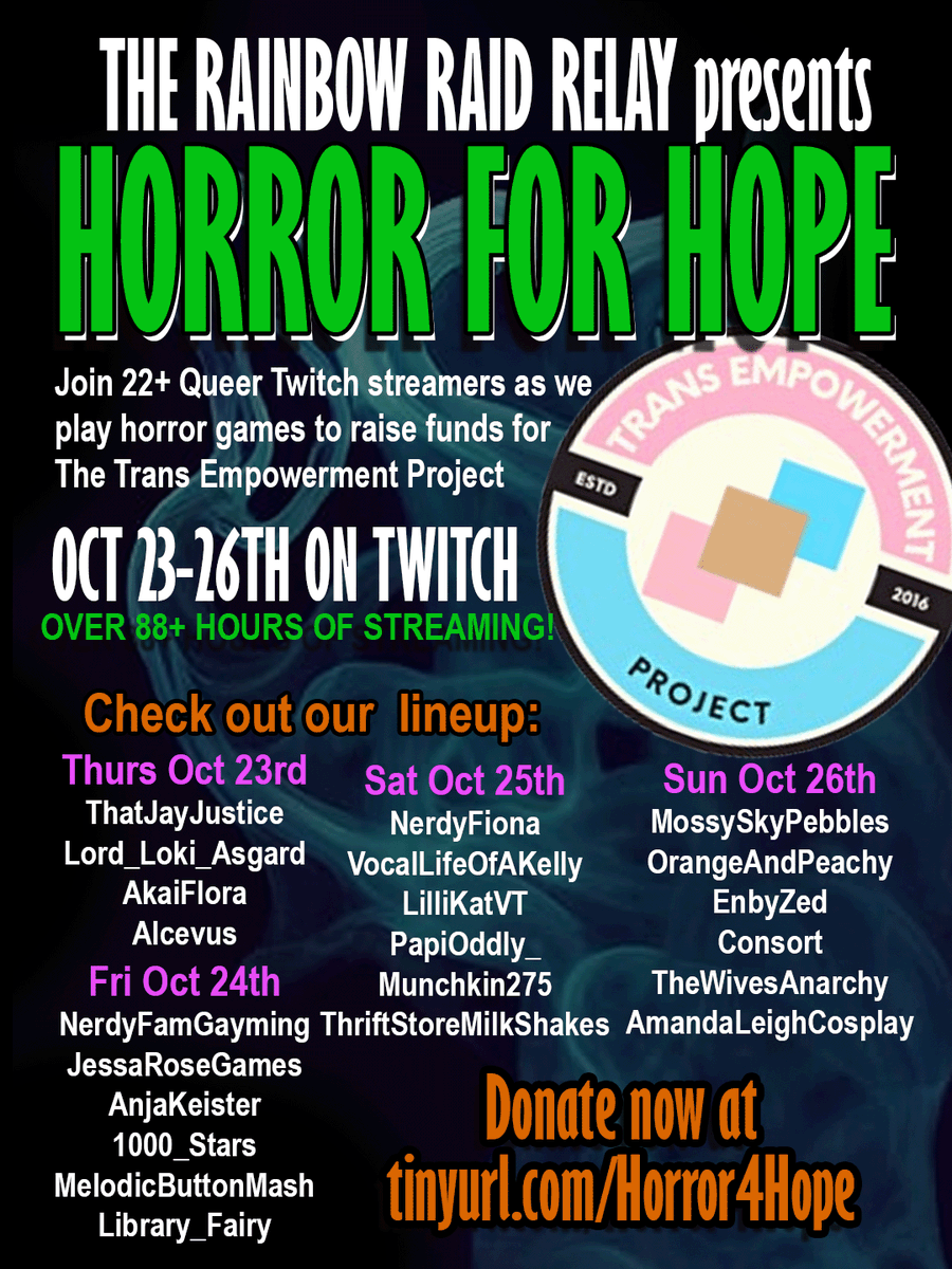 TheRainbowRaid's tweet photo. Look at this lineup! 
@thatjayjustice @MC_LordLoki @AkaiFlora @alcevus @NerdyFamGayming @AnjaKeister @MButtonmash @NerdyFiona @Lilli_KatVT @PapiOddly @Munchkin275S  @thriftshakes @MossySkyPebbles @ConsortGaming @amandaleighttv +more
donate @transprideusa : https://t.co/i8GMQ2gyGY https://t.co/pDXXdDn5hf