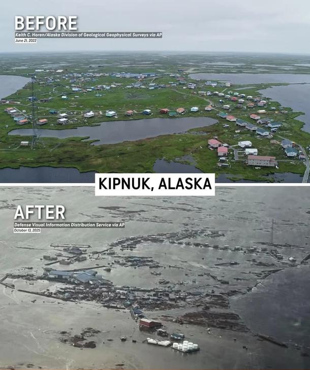 Before-and-after photos from different angles show the devastation from flooding in Kipnuk, Alaska.