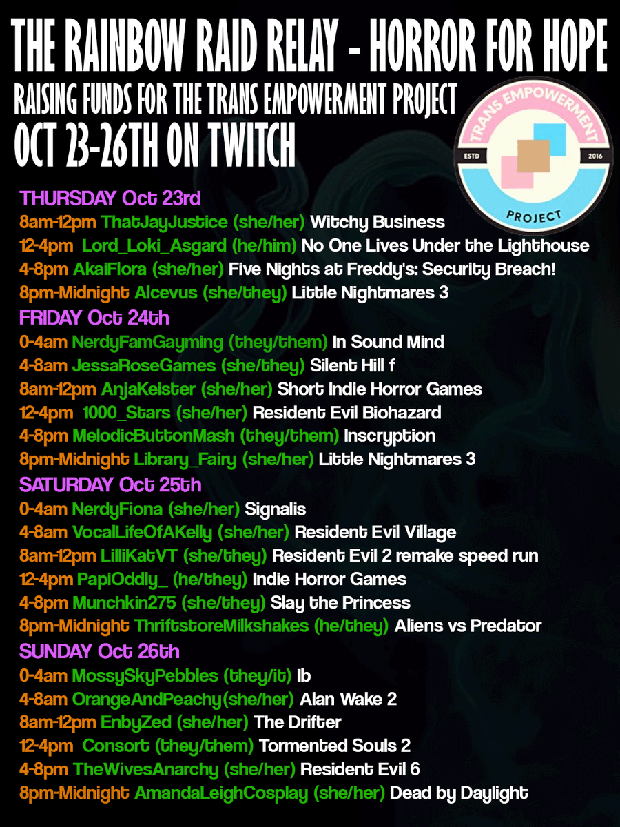 TheRainbowRaid's tweet photo. Look at this lineup! 
@thatjayjustice @MC_LordLoki @AkaiFlora @alcevus @NerdyFamGayming @AnjaKeister @MButtonmash @NerdyFiona @Lilli_KatVT @PapiOddly @Munchkin275S  @thriftshakes @MossySkyPebbles @ConsortGaming @amandaleighttv +more
donate @transprideusa : https://t.co/i8GMQ2gyGY https://t.co/pDXXdDn5hf