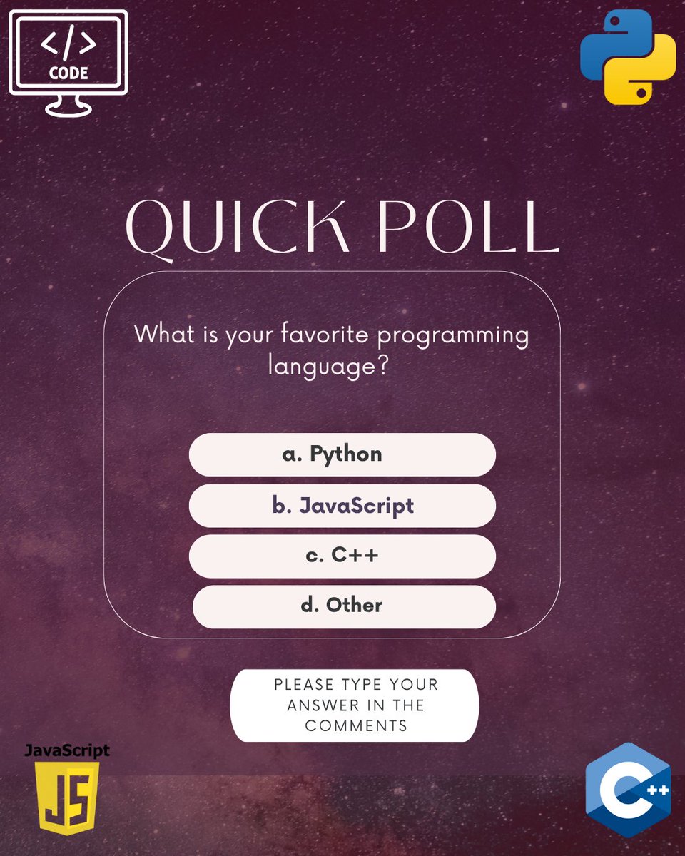 CSEMSState's tweet image. Fun Friday-Poll
What is a Programming Language?
A set of instructions, rules, and symbols used to write code that tells a computer what to do.
What is your favorite Programming Language? Type your answer in the comments.
💻 🐾 🖥️
#HailState #msstate #computerprogramming #coding