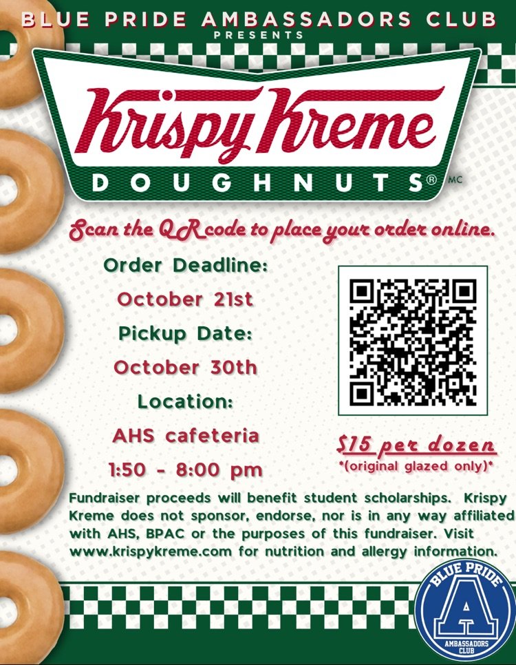 BPAC's Krispy Kreme fundraiser is back!  Please help raise money for student scholarships in 3 easy steps - scan the QR code or follow the link, pay for your donuts, pick up at AHS on 10/30.  Thanks for your support! 

zeffy.com/.../krispy-kre…