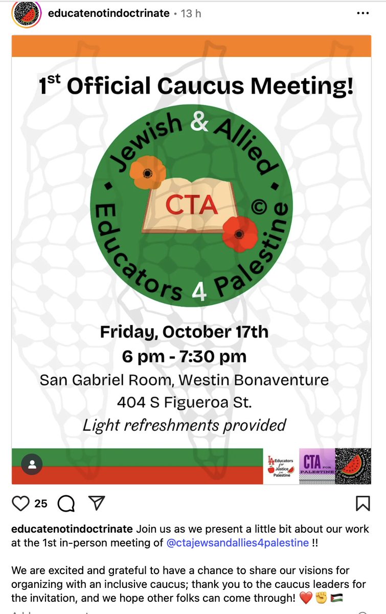 The CTA Jewish And Allied Educators 4 Palestine Caucus is holding its first meeting tonight. On Shabbat. Because it's a Jewish Caucus. Will the light refreshments include challah? Kichel is always a hit...