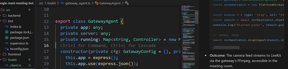 Mayank_062's tweet photo. Gateway agent in motion—Express + FFmpeg + LiveKit.
Every stream begins with a clean handshake: orchestrator.start() → stopIngress()
Camera feed, file streaming etc piped via FFmpeg into LiveKit rooms.
#TypeScript #WebRTC #StartupBuilds #RolaaAI https://t.co/Hl4UU6Bw6D