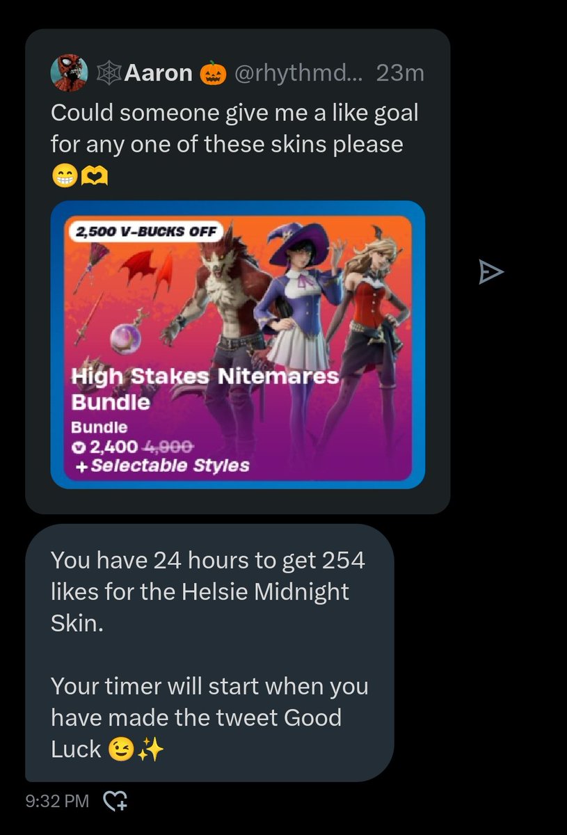 GUYS LIKE GOAL ALERT !!!!!🚨
My good friend <a href="/KagePlayz_/">KagePlayz</a> give me a like goal for the helsie midnight skin I have 24 hours like and retweet to help me out please and thank you 😁🫶