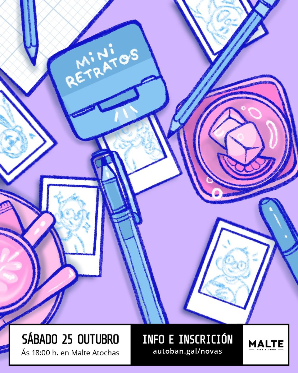 AutobanBD's tweet photo. A semana que vén “Laboratorio de Mini Retratos”
🗓️ Sábado 25 de outubro
🕖 Ás 18:00 h
📍 En MALTE Atochas (Praza das Atochas 8)
Só tedes que traer o material de debuxo que queirades 🎨
ℹ️ Máis info e inscrición:
https://t.co/k2EV0zT0pw
#autoban #autolab #clubdebuxo #retratol https://t.co/Xk4cVWT4z7