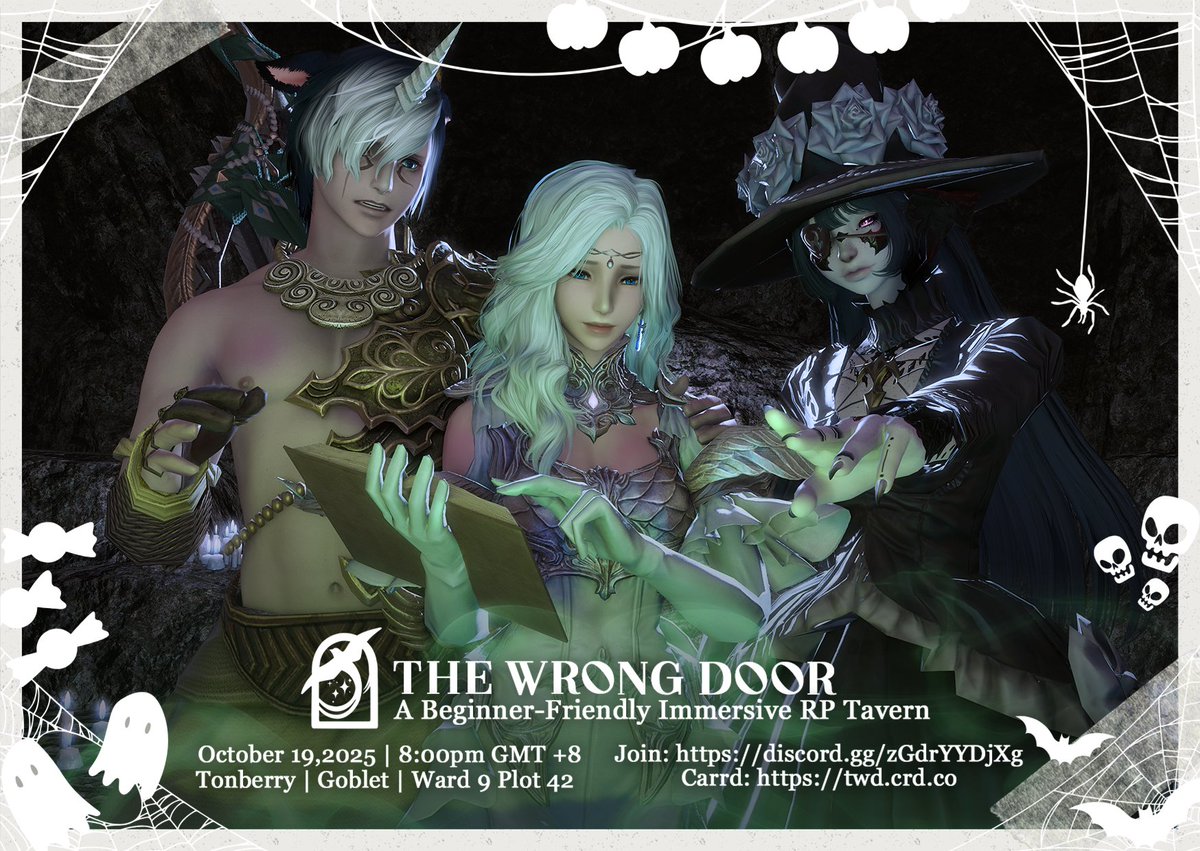 AfterlifesAngel's tweet photo. "As we tap the veil..."
Cross to the #WrongDoorTavern with us🚪

Sunday, 19th October, 8 PM GMT+8 
Tonberry | Goblet | Ward 9 - Plot 42 
🦇Community: https://t.co/b9HKnZ0ctH 
🎃Bookings: https://t.co/Zg7pFuXvpX 
🎨Artist: https://t.co/tjTKX4bjiT
👻Carrd: https://t.co/V1lrELuQEY https://t.co/KVJC2QtWCw