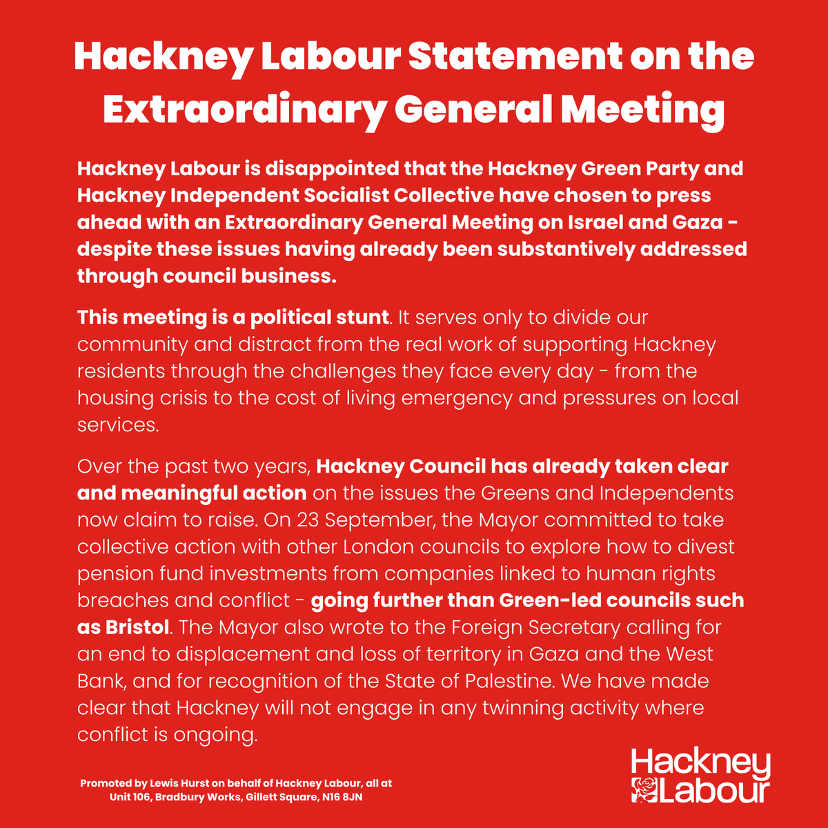 HackneyLabour's tweet photo. Our statement on the Extraordinary General Meeting called by 6 Councillors from the Green Party and Independent Socialist Collective.

We remain committed to bringing our community together. https://t.co/BWFDHc4cHB