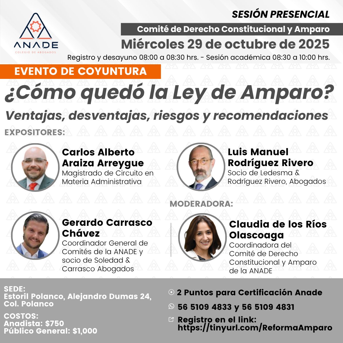 ¿CÓMO QUEDÓ LA LEY DE AMPARO?
🔍 Ventajas, desventajas, riesgos y recomendaciones.

🗓 Miércoles 29 de octubre de 2025
🕐08:00 a 10:00 hrs. (Hora del Centro)
👥 Sesión Presencial
📍 Estoril Polanco, CDMX.

🛎️ Registro: tinyurl.com/ReformaAmparo
#NuestraResponsabilidadEsHoy