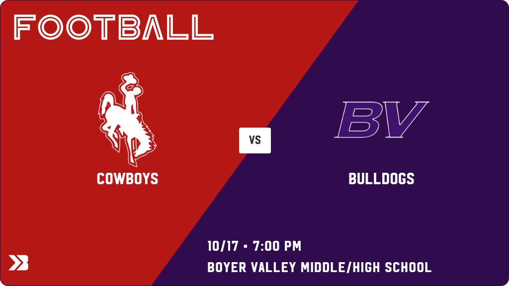Football (Varsity) Game Day! - Check out the event preview for the The Sidney Cowboys vs The Boyer Valley Bulldogs. It starts at 7:00 PM and is at Boyer Valley Middle/High School Athletic Complex. gobound.com/ia/ihsaa/footb…