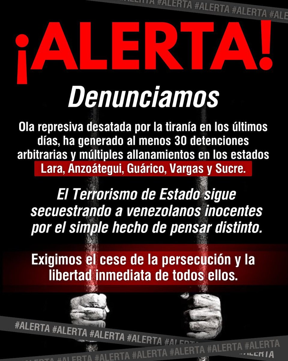 🚨#URGENTE | Ola represiva desatada por el régimen de Maduro en los últimos días ha generado al menos 30 detenciones arbitrarias y múltiples allanamientos, en los estados Lara, Anzoátegui, Guárico, Vargas, Mérida y Sucre. 

Entre los secuestrados se encuentran miembros de