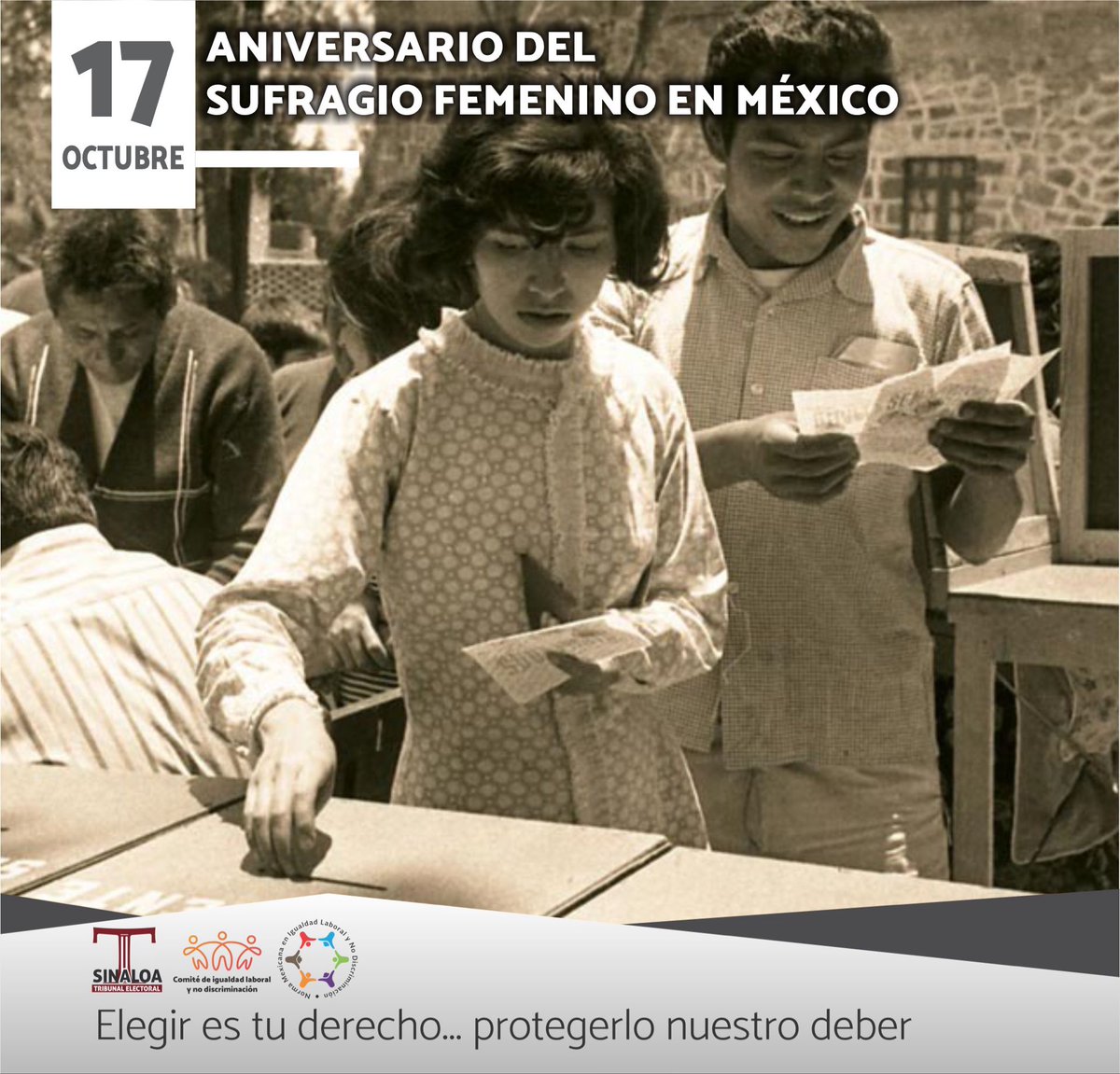 📅 17 de octubre | Aniversario del voto de la mujer en México.

Un día como hoy, en 1953, se publicó en el Diario Oficial de la Federación el decreto que reconoció a las mujeres mexicanas el derecho al voto.

Este hecho marcó un antes y un después en la historia democrática de