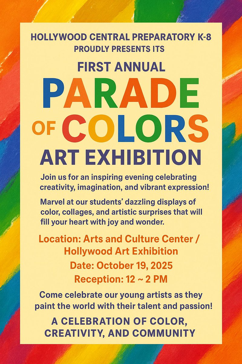 We are thrilled to announce and invite ALL to enjoy Hollywood Central Preparatory K-8’s FIRST Art Exhibition “A Parade of Colors”. We are so proud of our talented artists🎨🎨🎨❣️<a href="/browardschools/">Broward County Public Schools</a>
