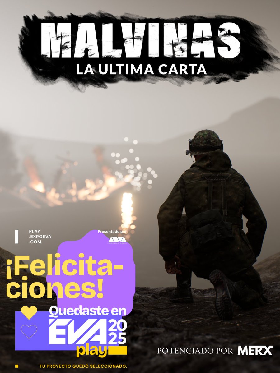Gente! Los invitamos a la Eva Play 2025 el 7 y 8 de noviembre en Capital Federal. Entrada libre y gratuita. Pasen a probar el juego, charlar y también conocer los otros proyectos que tiene argentina en desarrollo. Los esperamos!
<a href="/MalvinasElJuego/">Malvinas- La Ultima Carta</a> 
Gracias <a href="/MERX_AR/">MERX</a> por el aguante!