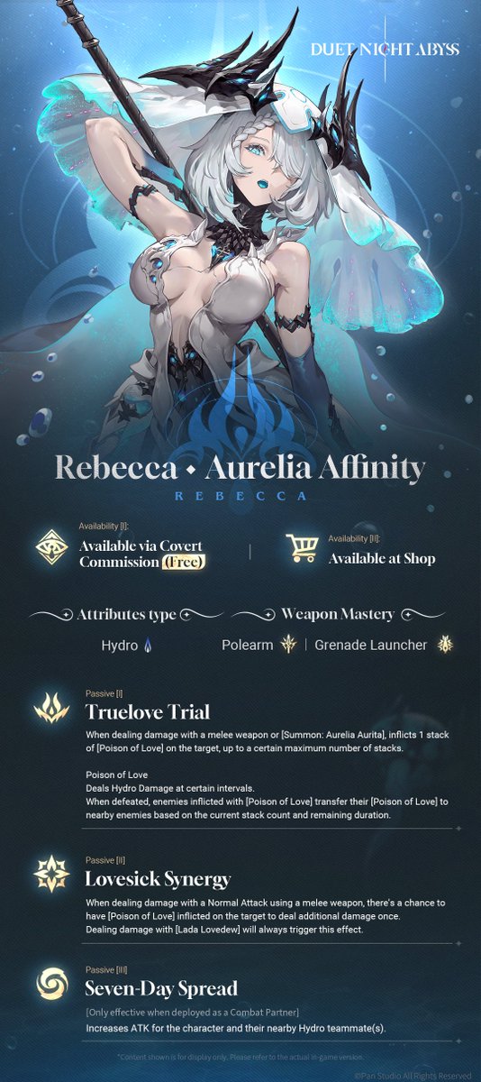 DNAbyss_EN's tweet photo. ✦ Combat Abilities | Rebecca (Hydro)

Rebecca does not care how others view her. She only cares about two things.
First, to craft the most charming fragrance infused with love, and then sell it to infatuated individuals to help them find love.
Second, to find her destined one.

✦ How to Obtain Characters
Free via Covert Commissions / Purchase Character Shards

✦ Follow the @DNAbyss_EN & Retweet this post and we will select 5 winners to receive a Random Character Badge.
Event Ends: October 31

✦ Pre-register in Store
https://t.co/nL3Z7QFukm

#DuetNightAbyss #Rebecca