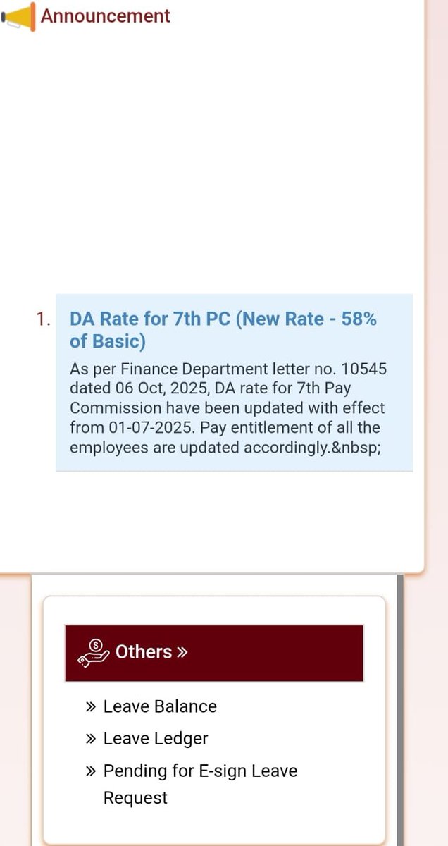 HRMS पर 58% DA अपडेट का नोटिफिकेशन देख सकते हैं।

HRMS पर तो अपडेट हो जाता है लेकिन विद्यालय अध्यापको का नहीं हो पता है।

लगता है बिहार का विद्यालय अध्यापक सब बंधुआ मजदूर है ना इंक्रीमेंट होता है ना ही DA बढ़ता है।
<a href="/BiharEducation_/">Education Department, Bihar</a>